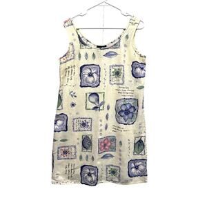 Vtg Positive Attitude 100% Linen Sleeveless Shift Dress Floral Botanical Print M
